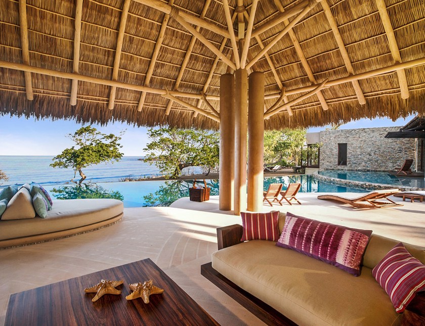 PIC BY LUXURY RETREATS / CATERS NEWS - (PICTURED:Casa Majani patio ) Gwyneth Paltrows gorgeous holiday villa is available to rent for jaw-dropping ,300 (3,720) a NIGHT. The Hollywood star and her boyfriend Brad Falchuck took her kids, Apple and Moses, to the luxury resort in Punta Mita, Mexico, last weekend. Casa Majani, a six-bed adobe on the beachfront, boasts two infinity pools and alfresco dining. The pad also has its own yoga and fitness centre, as well as a home theatre and a private chef. SEE CATERS COPY