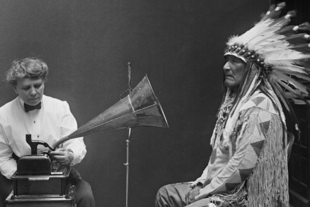 Frances Densmore making a recording of Blackfoot chief Mountain Chief for the Bureau of American Ethnology. "Blackfoot Chief,