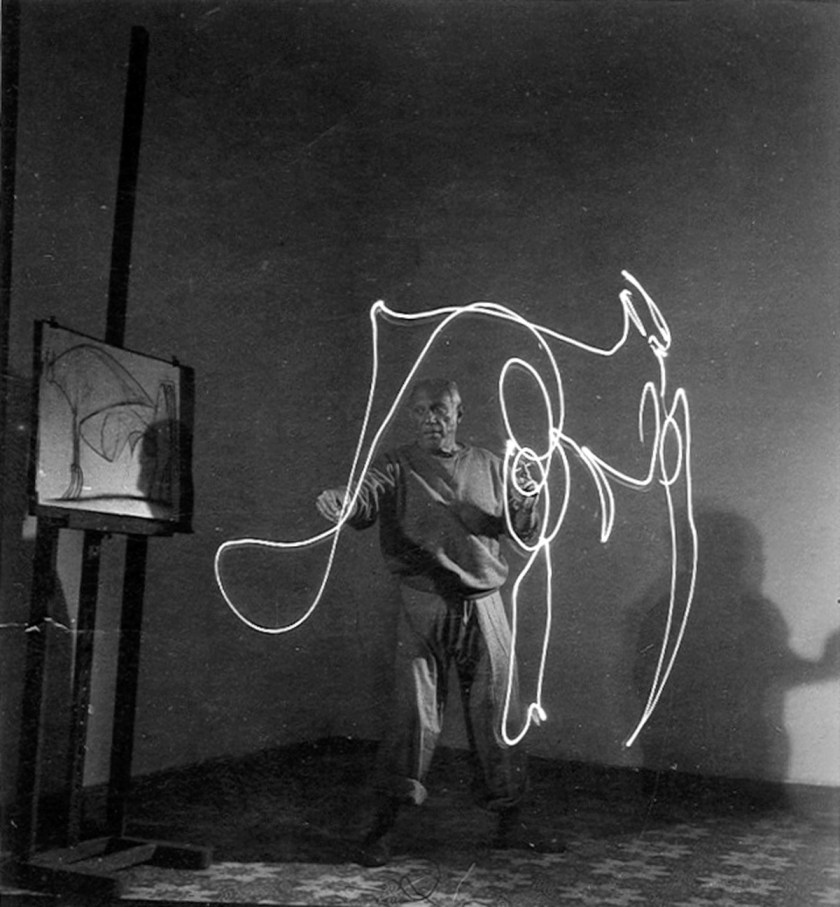 Artist Pablo Picasso painting with light during LIFE photo shoot. Vallauris, France December 31, 1948. (Photo by Gjon Mili/The LIFE Picture Collection/Getty Images)