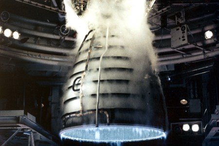 A remote camera captures a close-up view of a Space Shuttle Main Engine during a test firing at the John C. Stennis Space Center in Hancock County, Mississippi. (NASA)