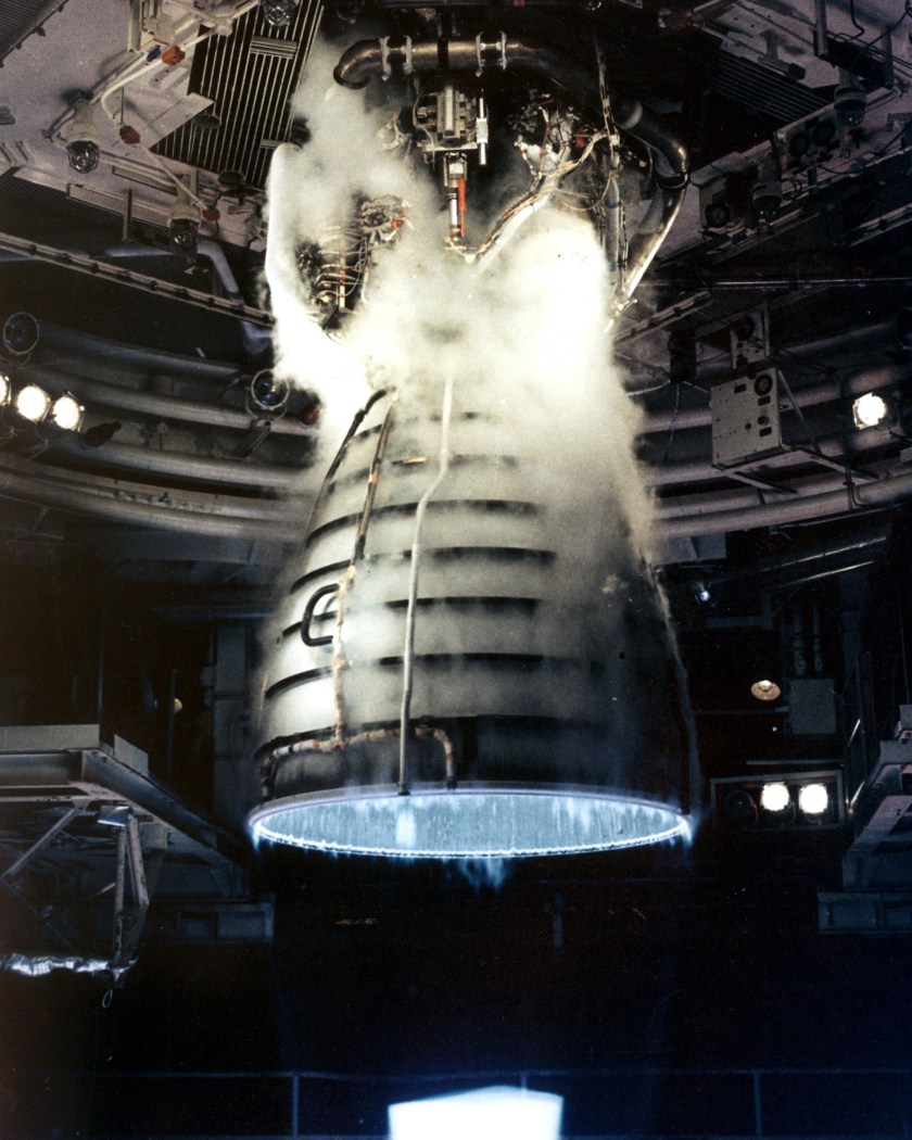 A remote camera captures a close-up view of a Space Shuttle Main Engine during a test firing at the John C. Stennis Space Center in Hancock County, Mississippi. (NASA)