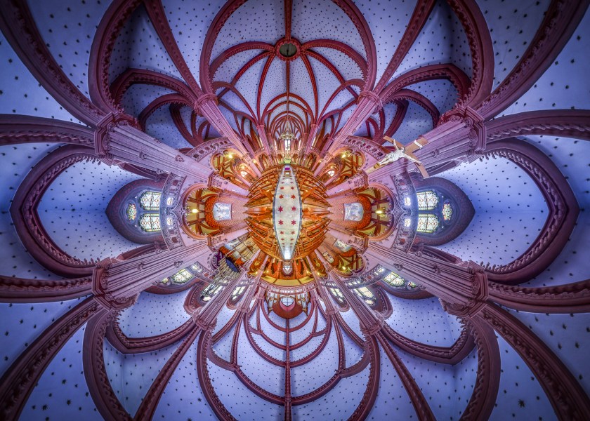 PIC BY ERNST CHRISTEN / CATERS - (Pictured: Notre-Dame-de-lAssmption, in Neuenberg, Switzerland) - These kaleidoscopic panoramas showcase the vibrant beauty of religious places of worship. Snappy by photographer Ernst Christen, the images offer a 360-degree view of churches, chapels, mosques and temples, popping out from teh frame thanks to Ernsts unique technique. In order to create his segmented panoramas, Ernst, 52, captures 26 images - three rows of eight, plus one up and one down - before stitching them together. The photographer, from Solothurn, Switzerland, became interested in this subject matter after moving from a Buddhist forest monastery, in the jungle of Thailand, back to the hyperactive Western world. - SEE CATERS COPY