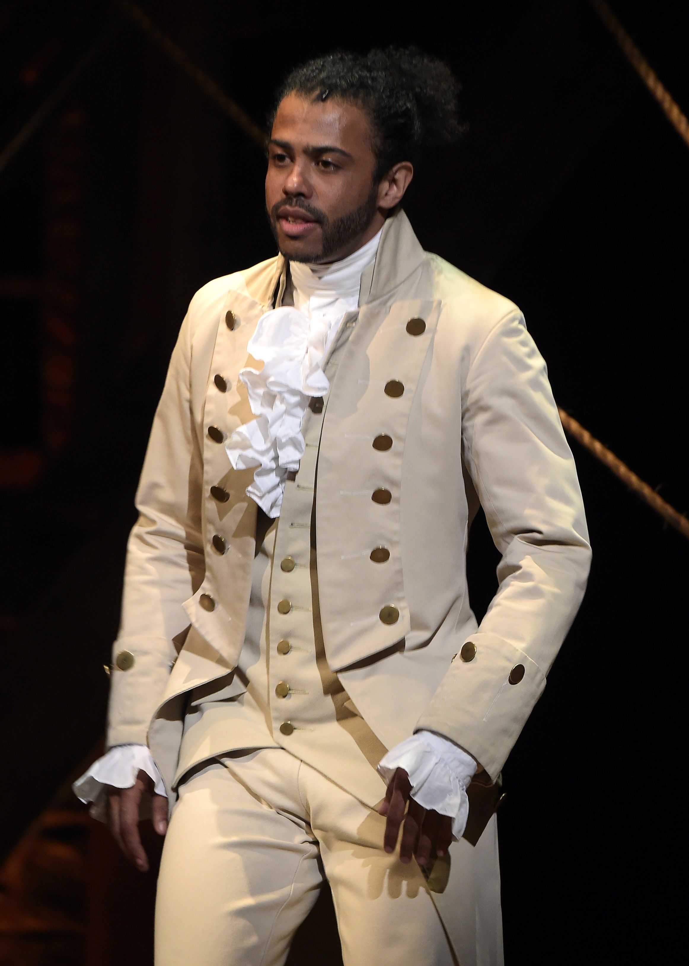 NEW YORK, NY - FEBRUARY 15: Actor Daveed Diggs performs on stage during "Hamilton" GRAMMY performance for The 58th GRAMMY Awards at Richard Rodgers Theater on February 15, 2016 in New York City. (Photo by Theo Wargo/WireImage)