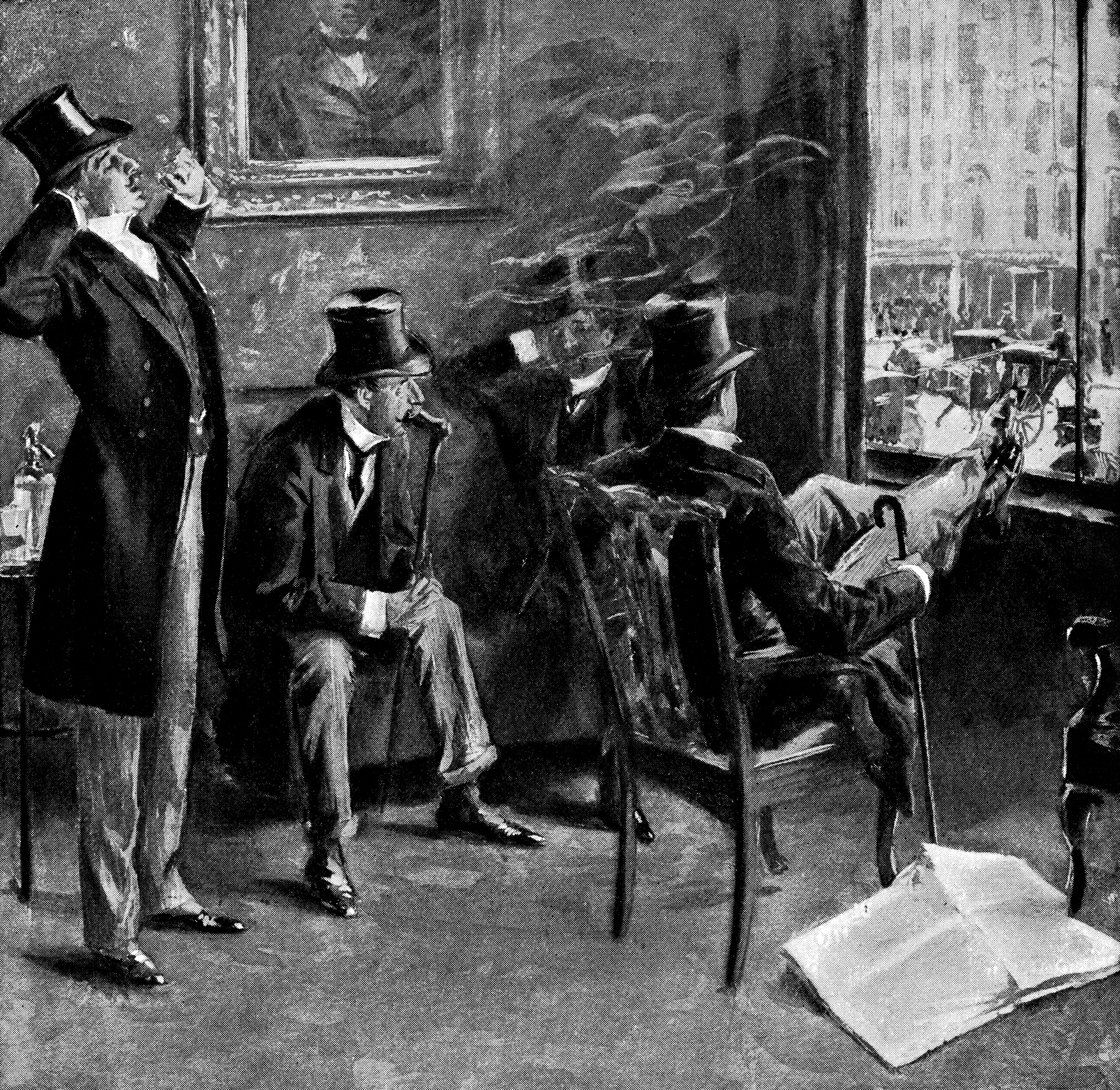 Well dressed men at a gentlemen’s club in New York City, New York, USA. Vintage etching circa late 19th century.