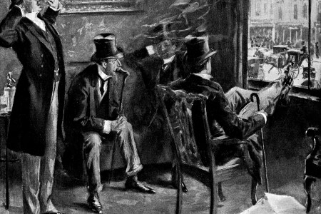 Well dressed men at a gentlemen’s club in New York City, New York, USA. Vintage etching circa late 19th century.