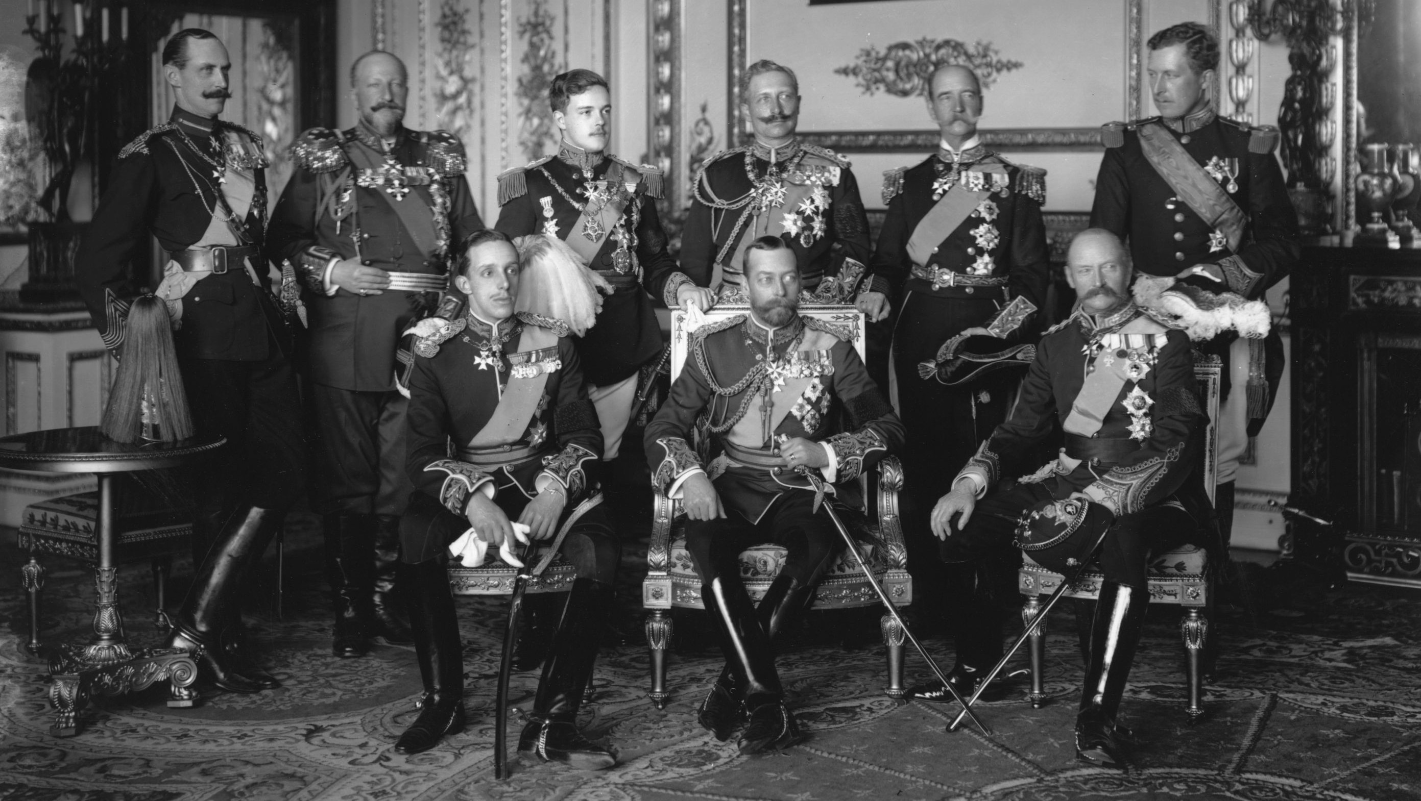 May 1910:  Nine Kings assembled at Buckingham Palace for the funeral of Edward VII, the Father of George V (centre). From left to right, back row: Haakon VII of Norway, Ferdinand I of Bulgaria, Manuel II of Portugal, Wilhelm II of Germany, George I of Greece and Albert I Of Belgium. Front row: Alphonso XIII of Spain, George V and Frederick VIII of Denmark.  (Photo by W. & D. Downey/Getty Images)