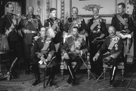 May 1910:  Nine Kings assembled at Buckingham Palace for the funeral of Edward VII, the Father of George V (centre). From left to right, back row: Haakon VII of Norway, Ferdinand I of Bulgaria, Manuel II of Portugal, Wilhelm II of Germany, George I of Greece and Albert I Of Belgium. Front row: Alphonso XIII of Spain, George V and Frederick VIII of Denmark.  (Photo by W. & D. Downey/Getty Images)