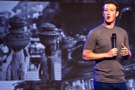 NEW DELHI, INDIA - OCTOBER 9: Co-founder and chief executive of Facebook Mark Zuckerberg gestures as he announces the Internet.org Innovation Challenge in India on October 9, 2014 in New Delhi, India. Zuckerberg is on a two-day visit to India aimed at promoting the internet.org app, which allows people in underdeveloped areas to access basic online services. (Photo by Arun Sharma/Hindustan Times via Getty Images)