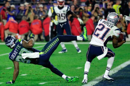 GLENDALE, AZ - FEBRUARY 01:  Malcolm Butler #21 of the New England Patriots intercepts a pass by  Russell Wilson #3 of the Seattle Seahawks intended for  Ricardo Lockette #83 late in the fourth quarter during Super Bowl XLIX at University of Phoenix Stadium on February 1, 2015 in Glendale, Arizona.  (Photo by Rob Carr/Getty Images)

http://www.theplayerstribune.com/ricardo-lockette-super-bowl-interception/