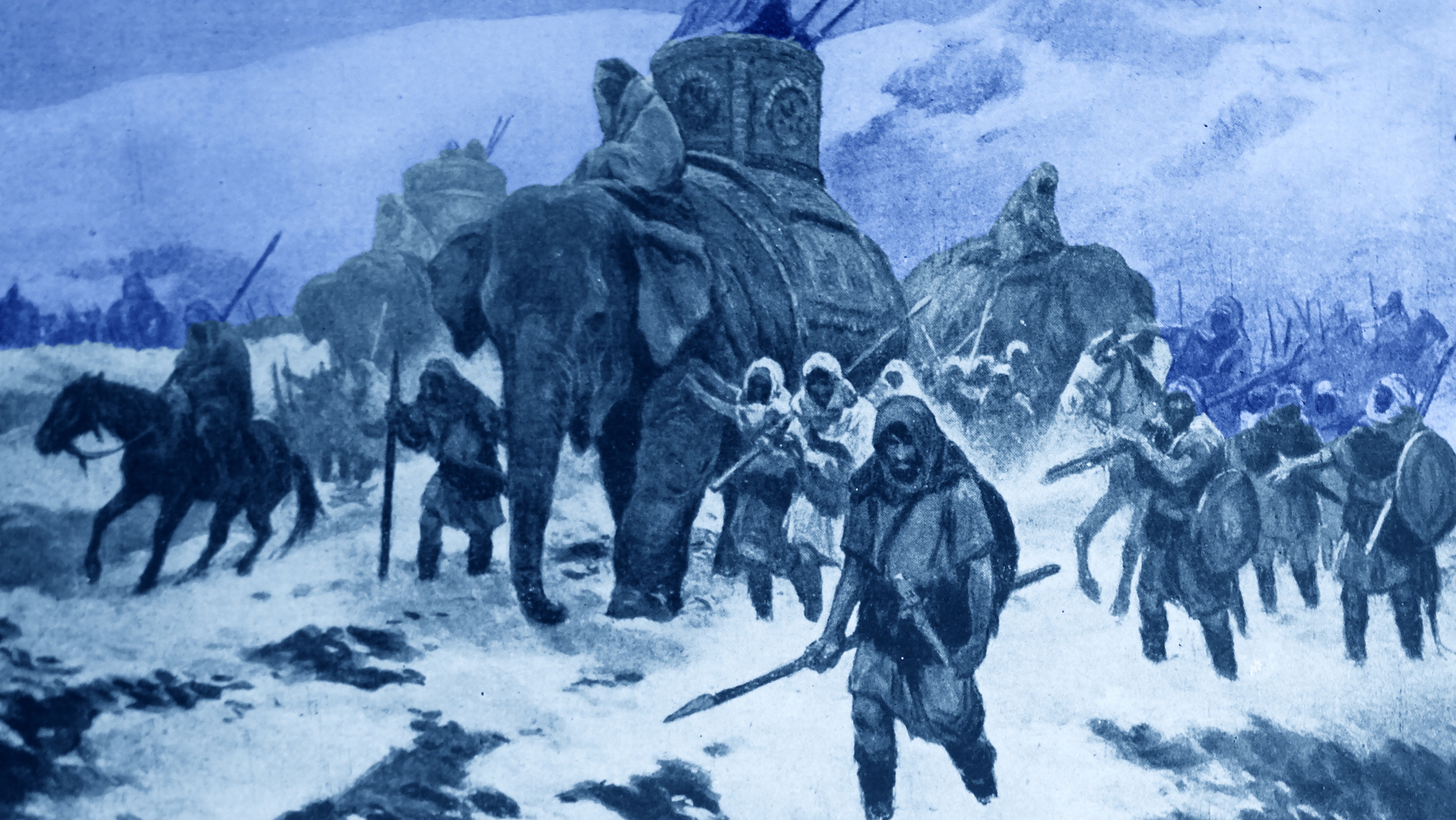 Hannibal, Punic Carthaginian military commander, marching his army which included elephants from Iberia over the Pyrenees and the Alps into Italy. (Universal History Archive/UIG via Getty Images)