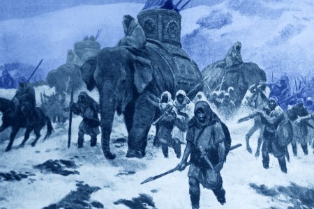 Hannibal, Punic Carthaginian military commander, marching his army which included elephants from Iberia over the Pyrenees and the Alps into Italy. (Universal History Archive/UIG via Getty Images)
