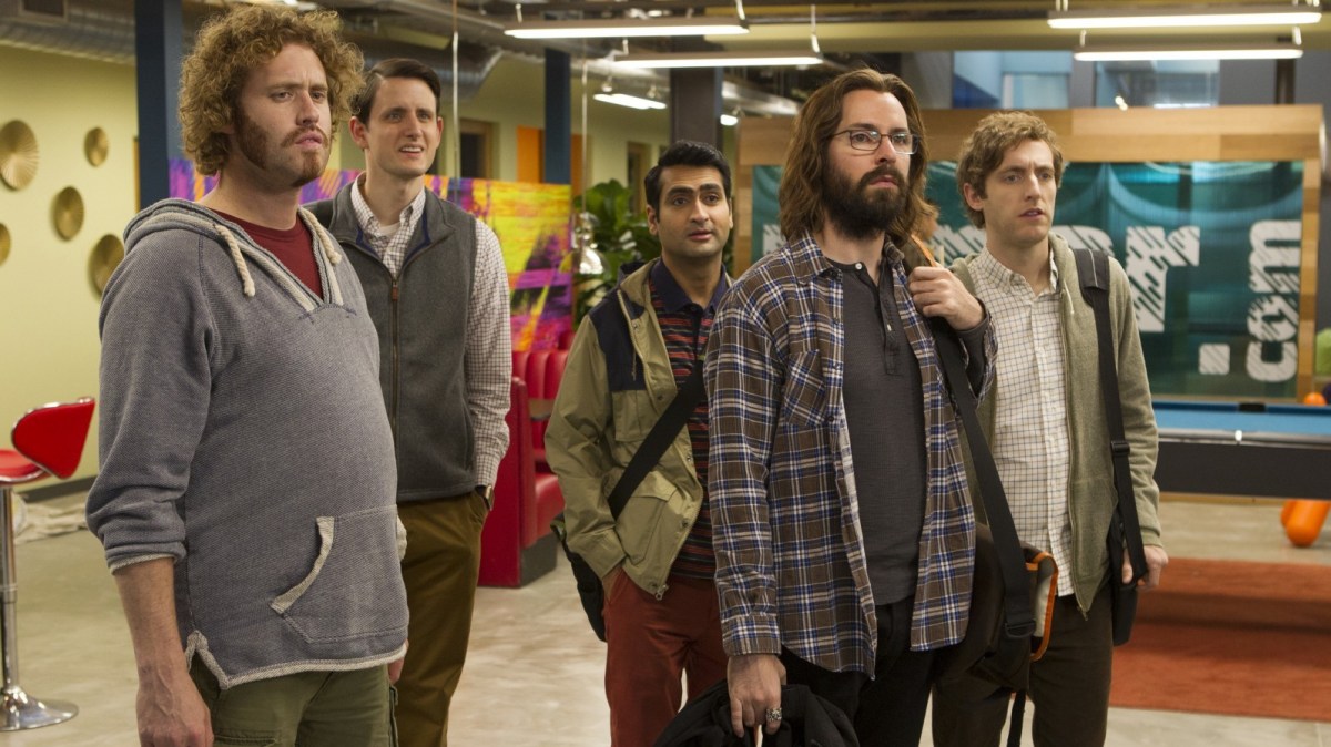T.J. Miller, Zach Woods, Kumail Nanjiani, Martin Starr, Thomas Middleditch in 'Silicon Valley' (Credit: John P. Fleenor/HBO)