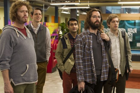 T.J. Miller, Zach Woods, Kumail Nanjiani, Martin Starr, Thomas Middleditch in 'Silicon Valley' (Credit: John P. Fleenor/HBO)