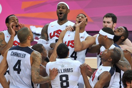 The United States players celebrate winning the Men's Basketball gold medal game at the London 2012 Olympics Games. (Pascal Le Segretain/Getty Images)