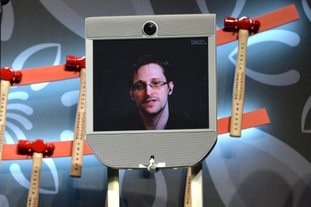 NEW YORK, NY - APRIL 22:  Edward Snowden (via monitor) speaks on stage at Tribeca Disruptive Innovation Awards - 2016 Tribeca Film Festival at BMCC John Zuccotti Theater on April 22, 2016 in New York City.  (Photo by Slaven Vlasic/Getty Images for Tribeca Film Festival)
