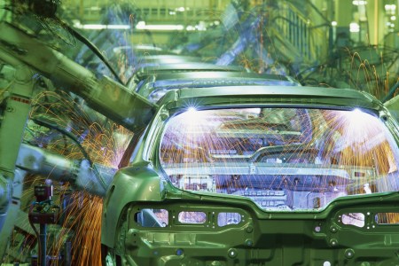 "Moto-man" robots weld the bodies of Integra and Civic models at Honda's # 3 line in Suzuka, Japan. George Steinmetz/Creative RM/Getty Images()