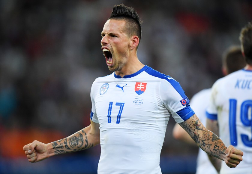 Marek Hamsik of Slovakia celebrates scoring his team's second goal during the UEFA EURO 2016 Group B match between Russia and Slovakia at Stade Pierre-Mauroy. (Matthias Hangst/Getty Images)