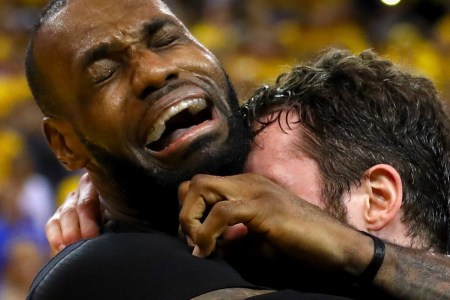 OAKLAND, CA - JUNE 19:  LeBron James #23 and Kevin Love #0 of the Cleveland Cavaliers celebrate after defeating the Golden State Warriors 93-89 in Game 7 of the 2016 NBA Finals at ORACLE Arena on June 19, 2016 in Oakland, California. NOTE TO USER: User expressly acknowledges and agrees that, by downloading and or using this photograph, User is consenting to the terms and conditions of the Getty Images License Agreement.  (Photo by Ezra Shaw/Getty Images)