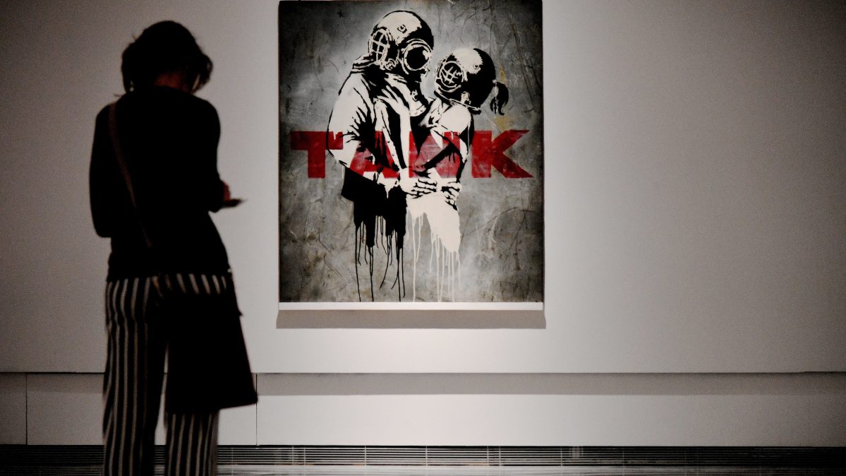 'Think Tank' by English street artist Banksy, on display at Rome's Palazzo Cipolla in May 2016.
The piece was sourced from private collectors. (Vincenzo Pinto/AFP/Getty Images)