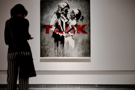 'Think Tank' by English street artist Banksy, on display at Rome's Palazzo Cipolla in May 2016.
The piece was sourced from private collectors. (Vincenzo Pinto/AFP/Getty Images)