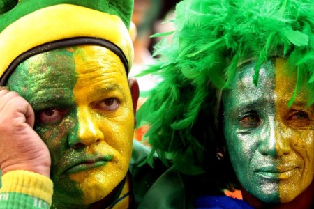 SAO PAULO, BRAZIL - JULY 01: Brazilian supporters weep after their defeat to Netherlands in a match of 2010 FIFA World Cup during a public broadcast at Vale do Anhangabau on July 1, 2010 in Sao Paulo, Brazil. (Photo by Rodrigo Coca/FotoArena/LatinContent/Getty Images)