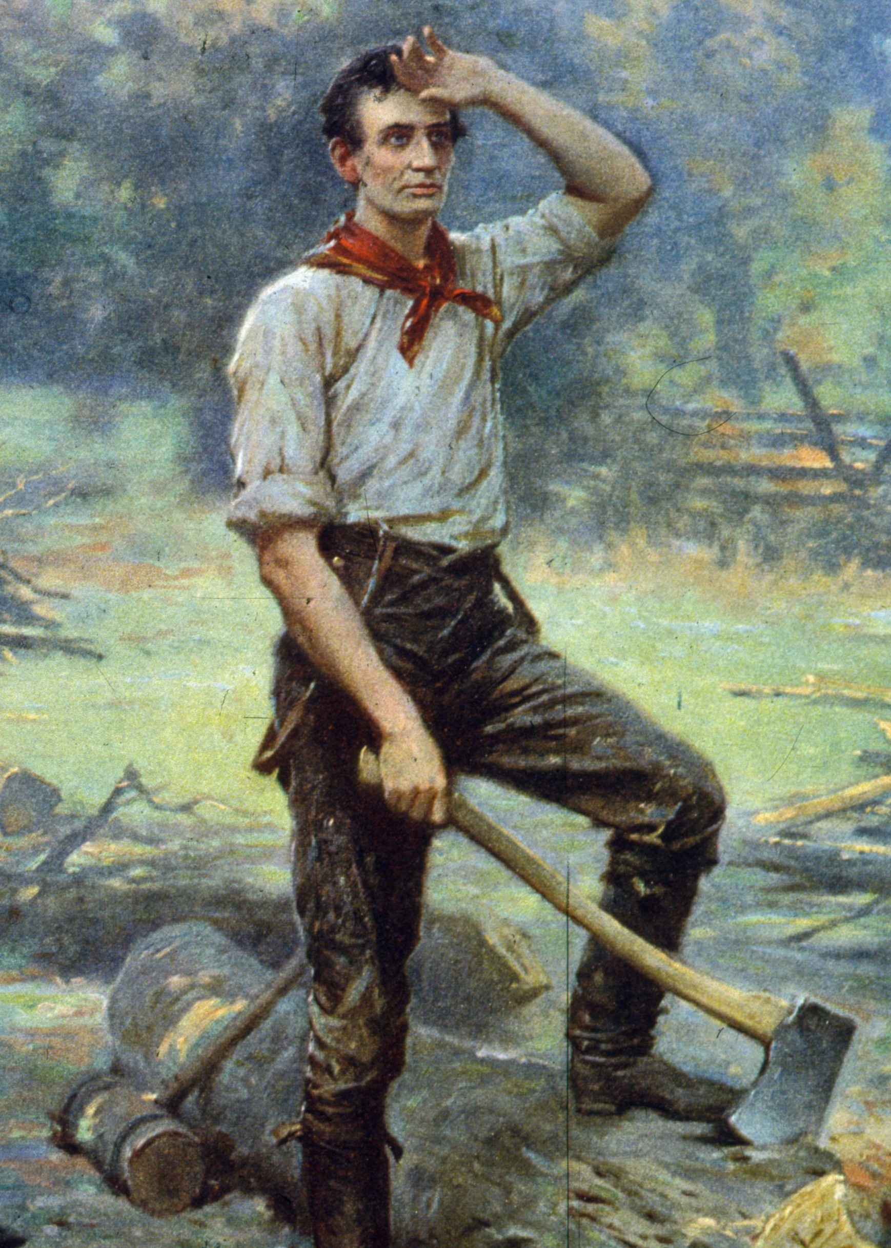 A painting showing Abraham Lincoln at work cutting logs, this early work gained him the nickname of 'railsplitter' when he entered politics. (MPI/Getty Images)