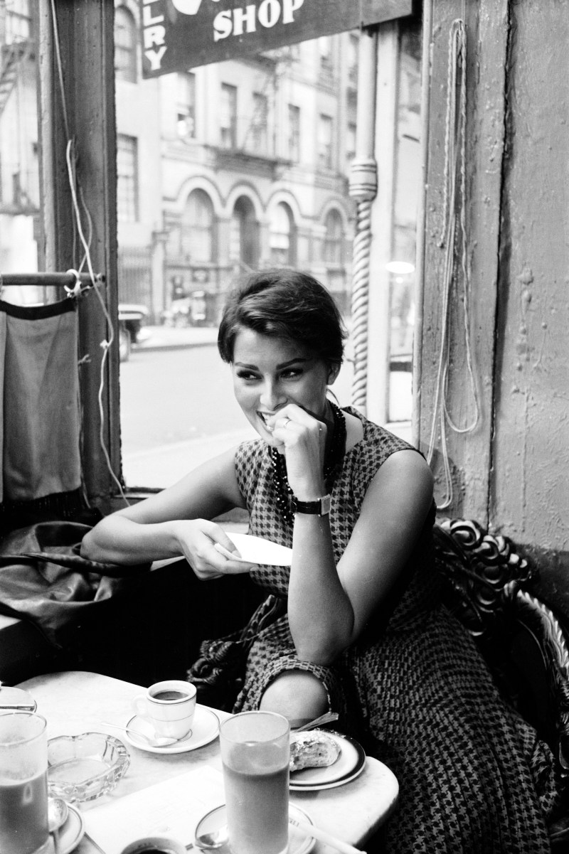 Italian film actress and sex symbol Sophia Loren eats in a cafe, New York, New York, June 1958. (Peter Stackpole/The LIFE Picture Collection/Getty Images)