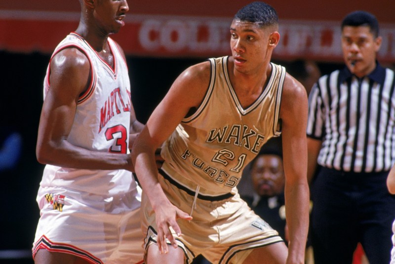 FEBRUARY 16: Tim Duncan #21 of the Wake Forest University Demon Deacons moves the ball during a NCAA game against the University Maryland Terrapins on February 16, 1994. Maryland won 81-54. (Photo by Doug Pensinger/Getty Images)