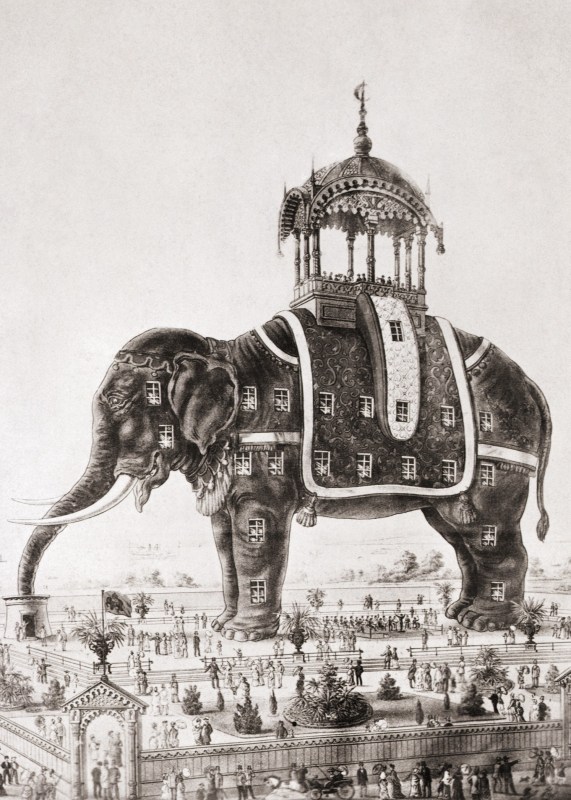Poster advertising the exhibition of "ELEPHANTINE COLOSSUS" at Brighton Beach, Coney Island in the 1880's. (Betmann/Getty Images)