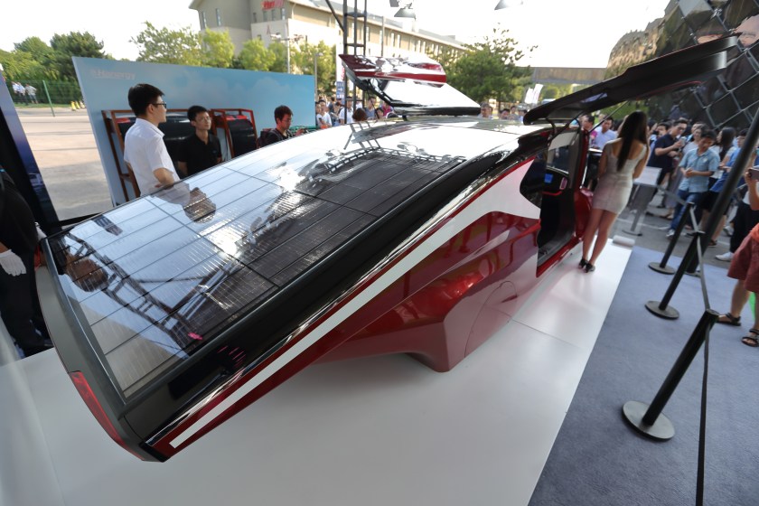 BEIJING, CHINA - JULY 02: The solar power vehicle Hanergy Solar L is displayed at the launching ceremony on July 2, 2016 in Beijing, China. Hanergy Holding Group launched 4 full solar power vehicles named Solar O, Solar L, Solar A and Solar R at a ceremony on Saturday in Beijing. (Photo by VCG/VCG via Getty Images)