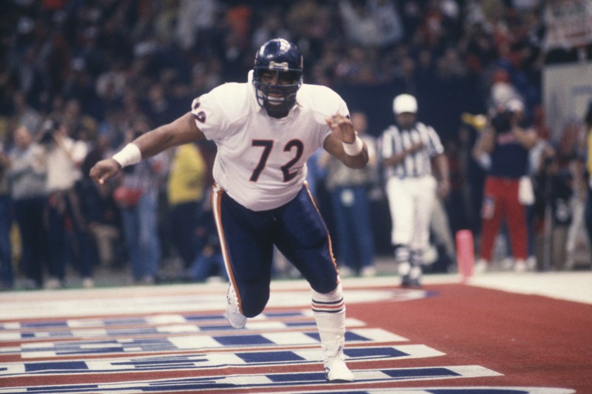 Defensive Lineman William "The Refrigerator" Perry #72 of the Chicago Bears runs in the end zone during Super Bowl XX against the New England Patriots at the Superdome on January 26, 1986 in New Orleans, Louisiana. The Bears defeated the Patriots 46-10. (Focus on Sport/Getty Images)