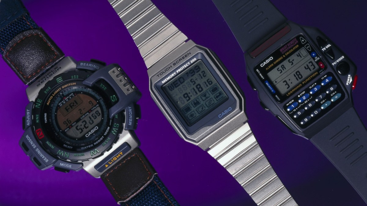 On the left is the PRT-40E with altimeter, barometer and thermometer functions. In the middle is the Model VDB-200B-1 with touch screen, back light, stopwatch and address book functions. And on the right is the multi-function Casio digital watch with built in infra-red transmitter to control household appliances.  (SSPL/Getty Images)