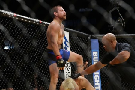 LAS VEGAS, NV - JULY 9: The referee stops between Jim Miller and Takanori Gomi during the UFC 200 event at T-Mobile Arena on July 9, 2016 in Las Vegas, Nevada. (Photo by Rey Del Rio/Getty Images)