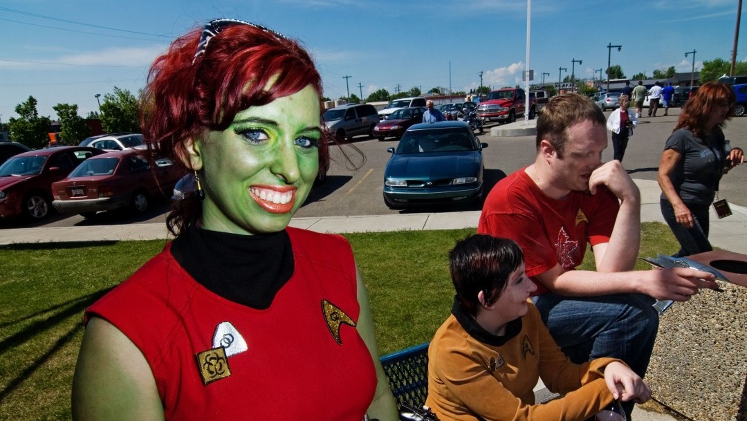 VULCAN, ALBERTA, CANADA - JUNE 3: Schelay Remble (from Lethbridge, Canada) as Gaila, the Orion slave girl from the new Star Trek movie. "You betcha I'm a diehard Star Trek fan - I've been one all my life! Everyone loves a green girl!'. Klingons celebrating 20 years of fandom and community service in Vulcan, Alberta during 16th Annual community-wide Star Trek Convention June 12-13th 2009. (Photo by MARK BERRY / Barcroft Media / Getty Images)
