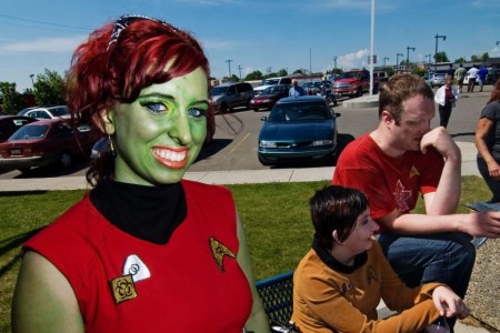 VULCAN, ALBERTA, CANADA - JUNE 3: Schelay Remble (from Lethbridge, Canada) as Gaila, the Orion slave girl from the new Star Trek movie. "You betcha I'm a diehard Star Trek fan - I've been one all my life! Everyone loves a green girl!'. Klingons celebrating 20 years of fandom and community service in Vulcan, Alberta during 16th Annual community-wide Star Trek Convention June 12-13th 2009. (Photo by MARK BERRY / Barcroft Media / Getty Images)