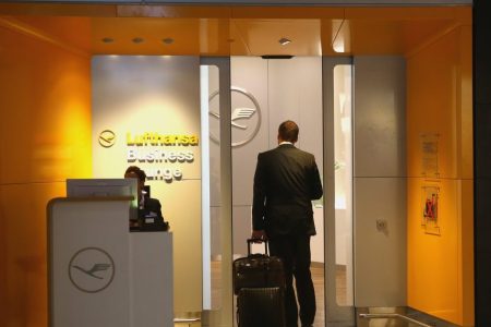 FRANKFURT AM MAIN, GERMANY - SEPTEMBER 12:  Lufthansa Business Class Lounge entrance in Terminal 1 at Frankfurt / Main International Airport on September 12, 2013 in Frankfurt am Main, Germany.  (Photo by Alexander Hassenstein/Getty Images)