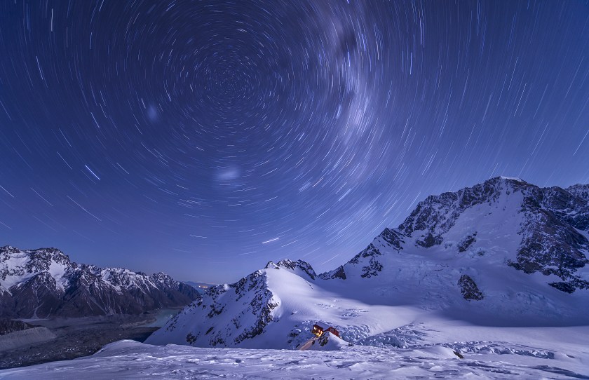With temperatures close to -15 degrees, it’s not surprising that the photographer was the only soul in the vicinity of Plateau Hut in Mount Cook National Park, New Zealand. The lonely hut, dwarfed by the snowy mountains of the park, contrasts with the abundance of star trails seemingly encircling the peaks of the Anzac. (Lee Cook)