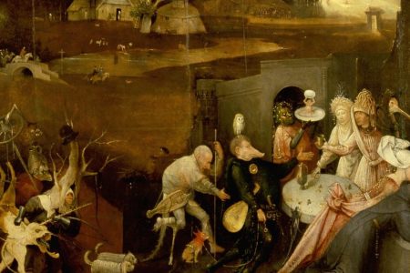 The triptych of 'The Temptation of St Anthony' by Hieronymus Bosch (1450 1516), St Anthony was a prominent leader of the Desert Fathers and was tormented by visions of Hell and demons during his retreat in the desert. Detail of demons tormenting St Anthony. The Netherlands 1505 1506 . (Photo by Werner Forman/Universal Images Group/Getty Images)