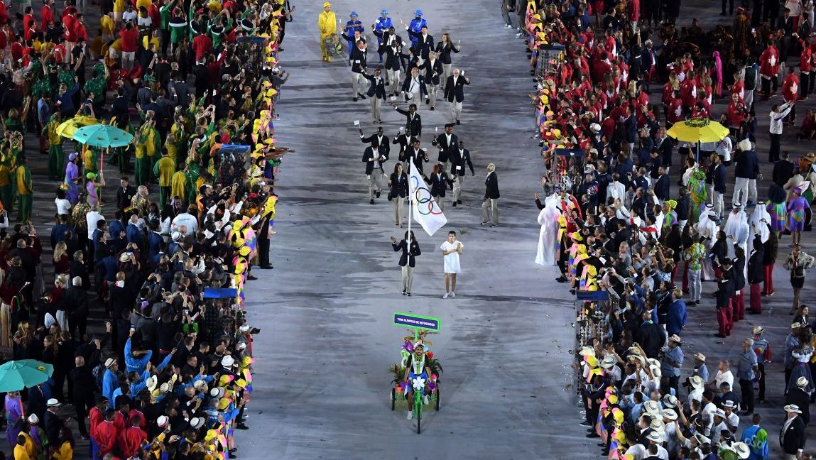 The Olympic Refugee team enter the athletes parade during the Opening Ceremony of the Rio 2016 Olympic Games at Maracana Stadium on August 5, 2016 in Rio de Janeiro, Brazil.  (Richard Heathcote/Getty Images)