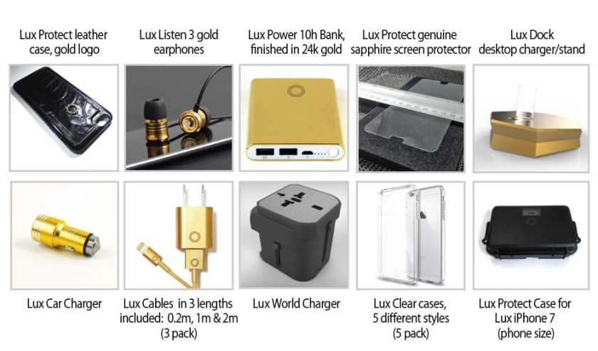 Lux Accessories for Lux iPhone 7 Including Dock, Cases, Power Bank, Headphones, Sapphire Screen Protector, Car Charger, World Charger and Travel Case (Brikk)