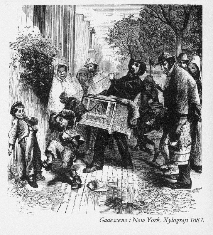 Beautifully Illustrated Antique Engraved Victorian Illustration of Organ Grinder in New York City Victorian Engraving, 1887, from Amerika pa Oldefars of Oldemors Tid (America the Great-Grandfather of Great-Grandmother’s Time), Published in 1897. Copyright has expired on this artwork. Digitally restored.