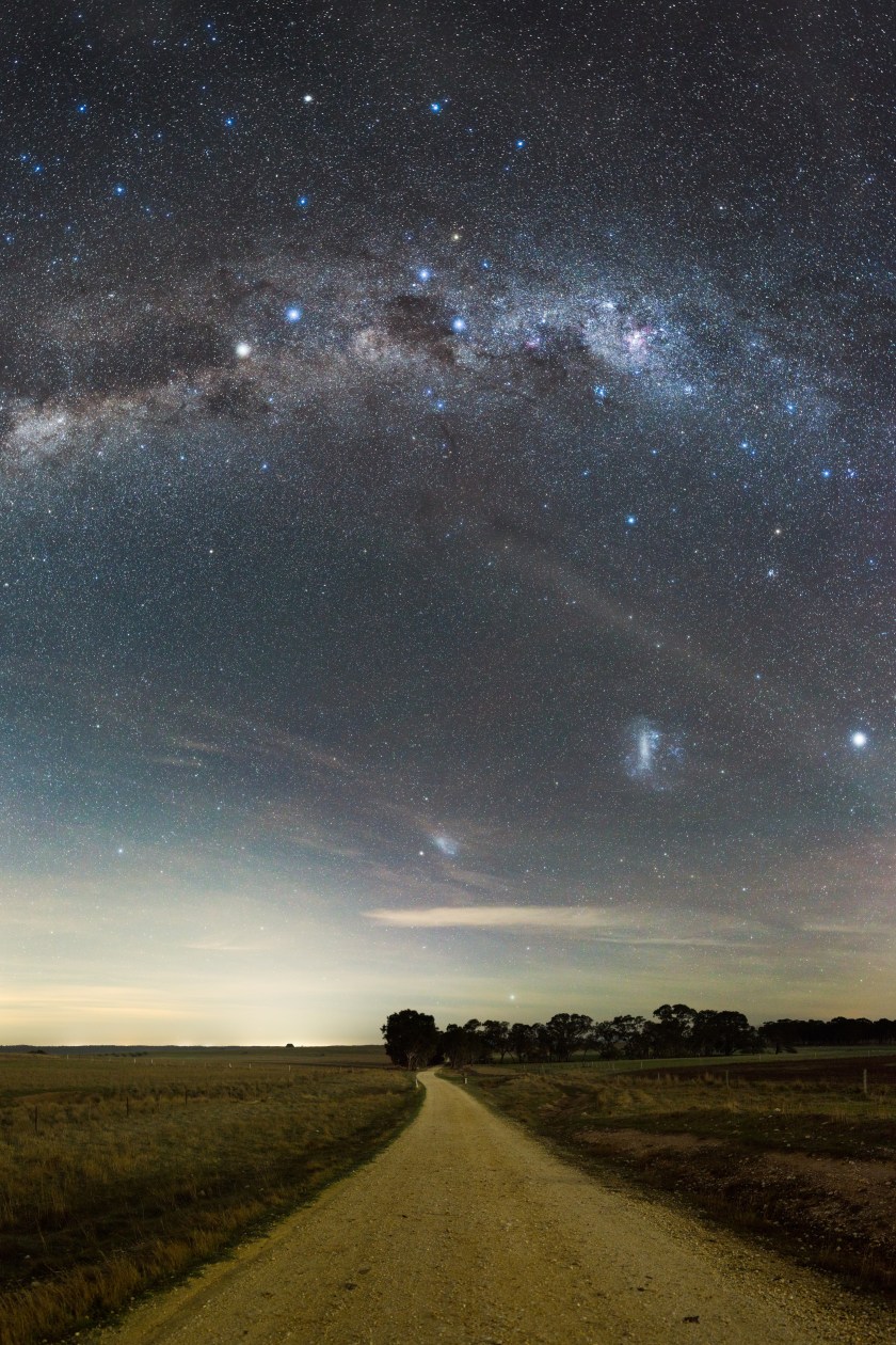 The Southern Cross constellation of the Milky Way, visible in the southern sky creates a guiding light along Bucklands Lane in Central Goldfields Shire, Victoria. (Phil Hart)