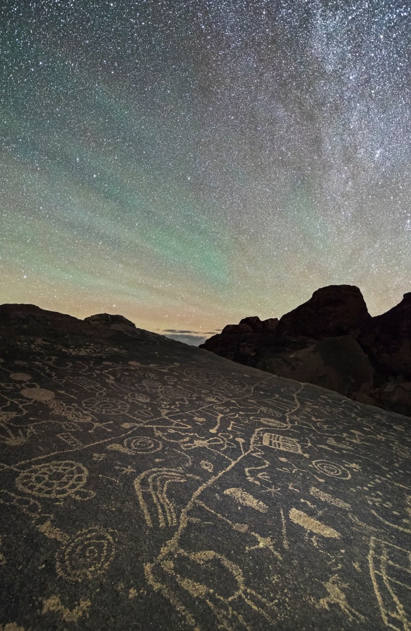 Ancient petroglyphs are lit up by the glittering stars of the night sky in the Eastern Sierras in California, USA. (Brandon Yoshizawa)