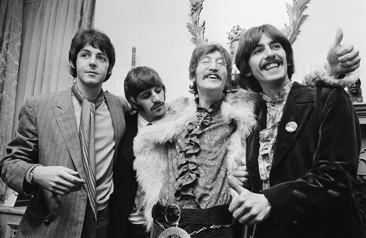 The Beatles at the press launch for their new album 'Sgt. Pepper's Lonely Hearts Club Band,' 1967 (John Downing/Getty Images)