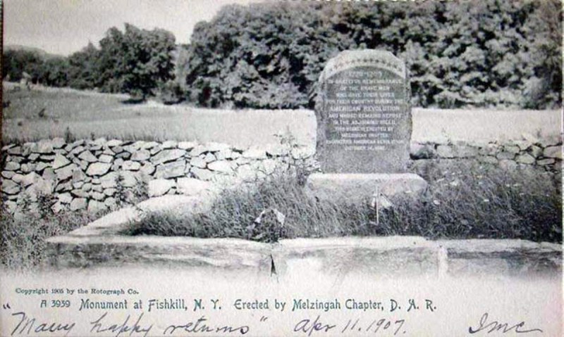 Postcard of a photo showing the original placement of the Daughters of the American Revolution monument at the corner of Route 9 and Van Wyck Lake Road in Fishkill, NY circa 1907. (Friends of the Fishkill Supply Depot)