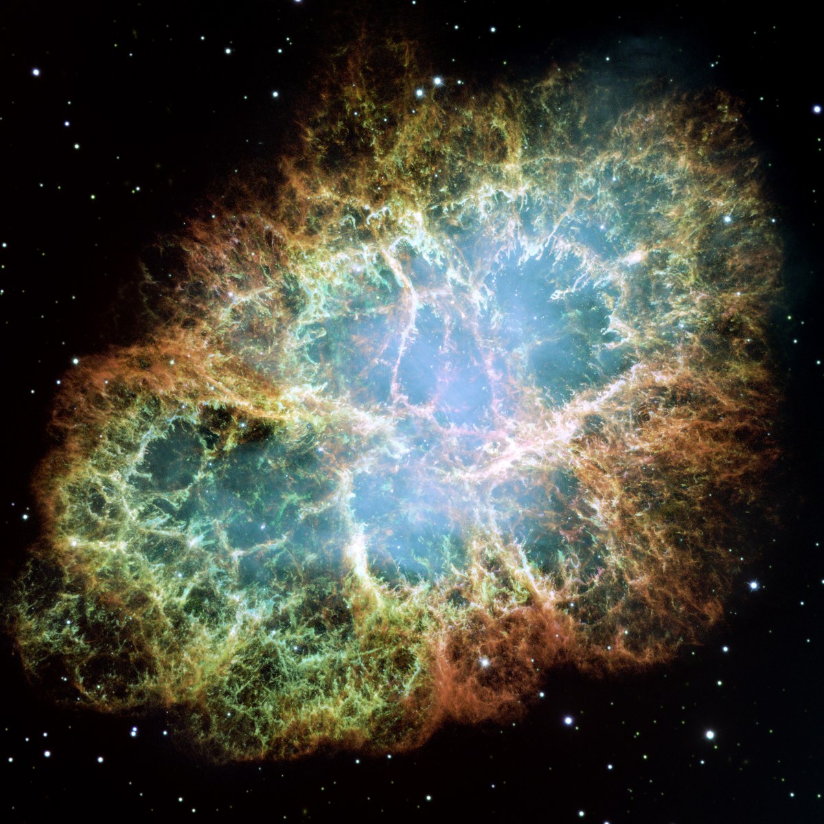 This Hubble image gives the most detailed view of the entire Crab Nebula ever. The Crab is among the most interesting and well studied objects in astronomy. This image is the largest image ever taken with Hubble's WFPC2 camera. It was assembled from 24 individual exposures taken with the NASA/ESA Hubble Space Telescope and is the highest resolution image of the entire Crab Nebula ever made.