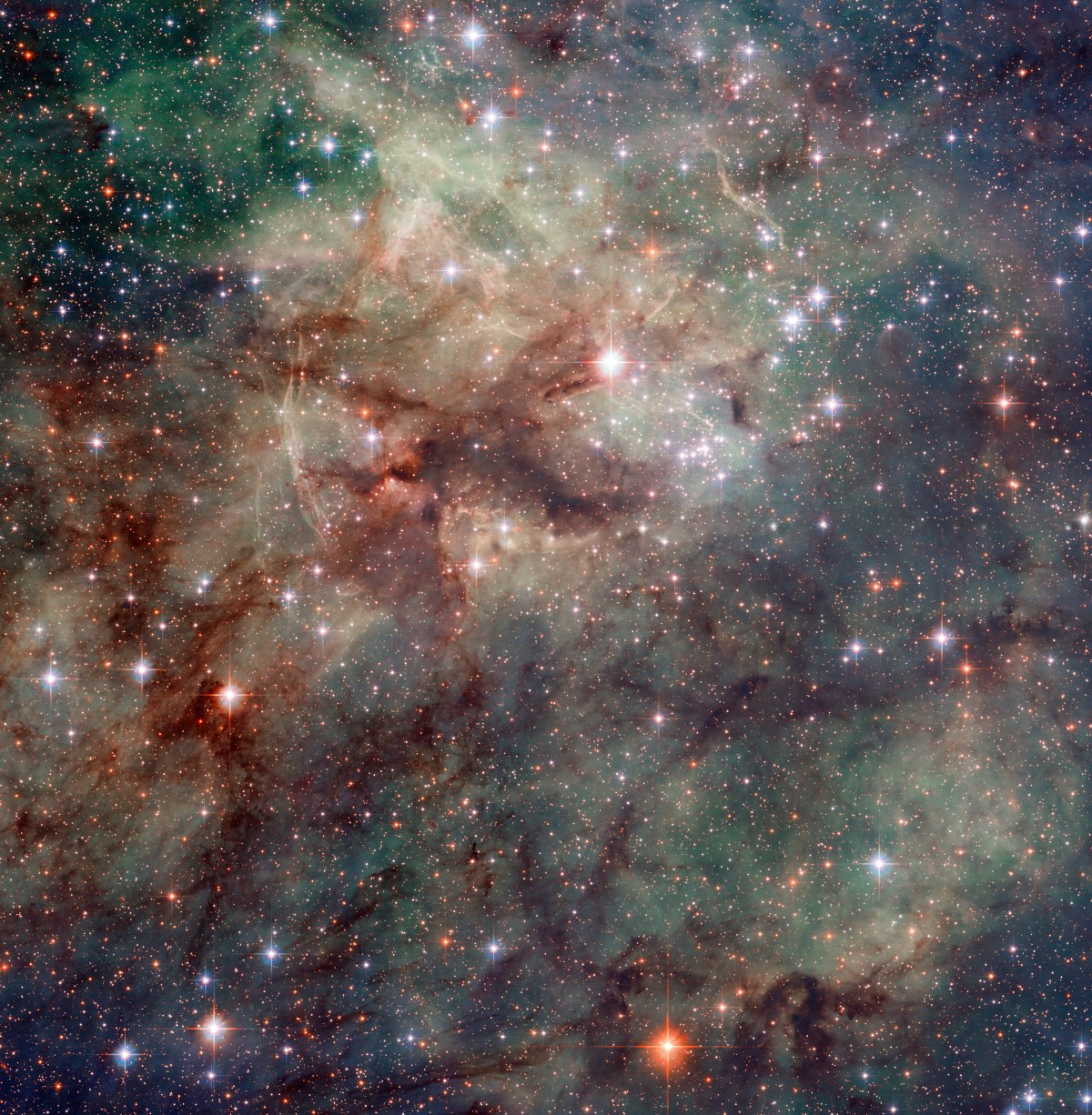 Hubble has taken this stunning close-up shot of part of the Tarantula Nebula. This star-forming region of ionised hydrogen gas is in the Large Magellanic Cloud, a small galaxy which neighbours the Milky Way. It is home to many extreme conditions including supernova remnants and the heaviest star ever found. The Tarantula Nebula is the most luminous nebula of its type  in the local Universe.