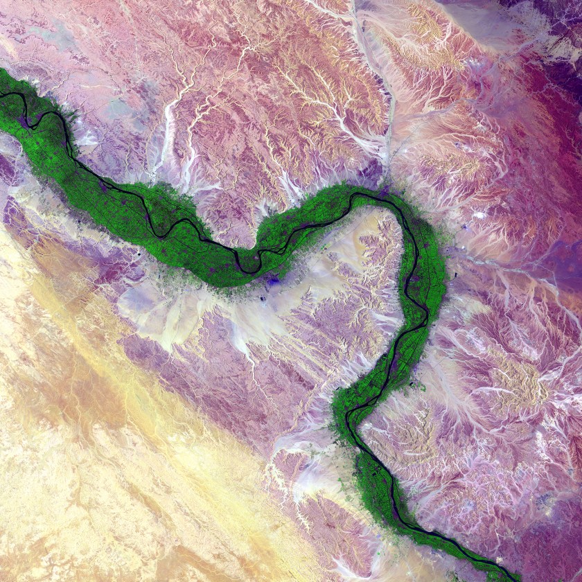 It is easy to see from this image why people have been drawn to the Nile River in Egypt for thousands of years. Green farmland marks a distinct boundary between the Nile floodplain and the surrounding harsh desert. (USGS/NASA)