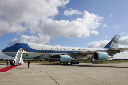 ROSTOCK, GERMANY - JULY 14:  Air Force One, the plane of US President George W. Bush, is being prepared for his departure on July 14, 2006 in Rostock, Germany. Bush continues to the G8 summit in St. Petersburg, Russia, after visiting German Chancellor Angela Merkel's constituency in former East Germany for a day, stopping in the city of Stralsund and later in the small village of Trinwillershagen for a barbecue with residents.  (Photo by Andreas Rentz/Getty Images)