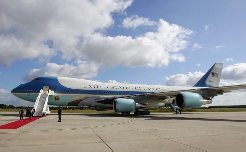 ROSTOCK, GERMANY - JULY 14: Air Force One, the plane of US President George W. Bush, is being prepared for his departure on July 14, 2006 in Rostock, Germany. Bush continues to the G8 summit in St. Petersburg, Russia, after visiting German Chancellor Angela Merkel's constituency in former East Germany for a day, stopping in the city of Stralsund and later in the small village of Trinwillershagen for a barbecue with residents. (Photo by Andreas Rentz/Getty Images)